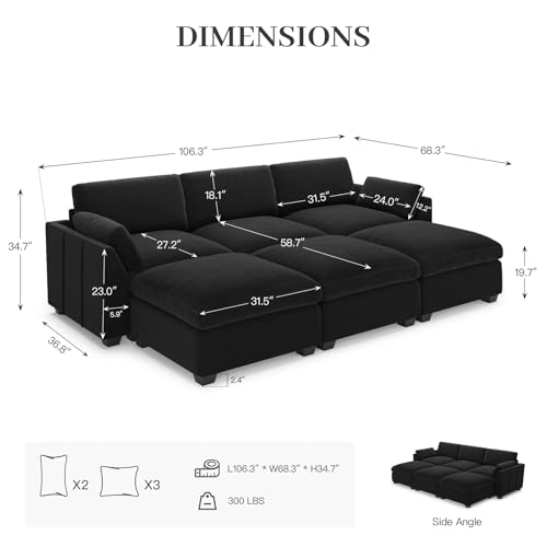 Belffin Extra Large Modular Sectional Sofa, 4-Seater L Shaped Velvet Couch, Black A1471