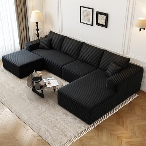 Cloud Modular Sectional Sofa with Ottoman, U Shaped, Black M332378