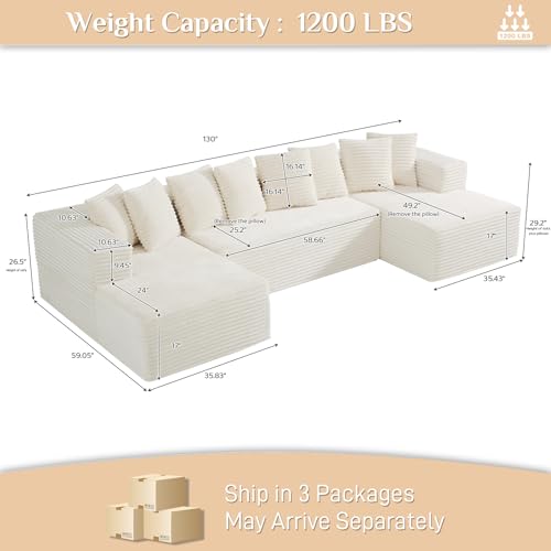131" Modular Sectional Sofa Cloud Couch, Corduroy Memory Foam Black O10952