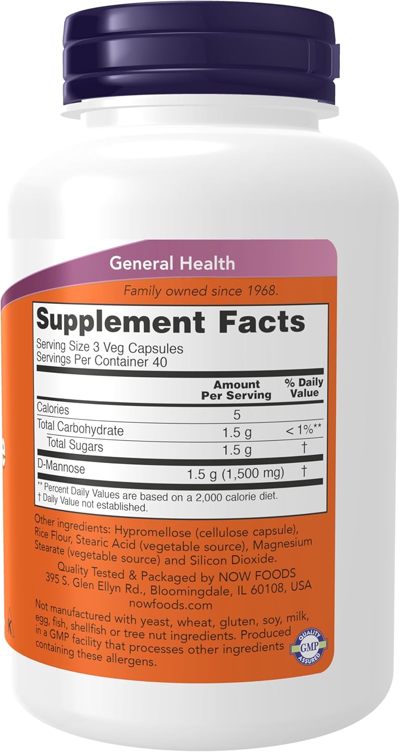 NOW Supplements D-Mannose 500 mg Non-GMO, 120 Veg Capsules F1536