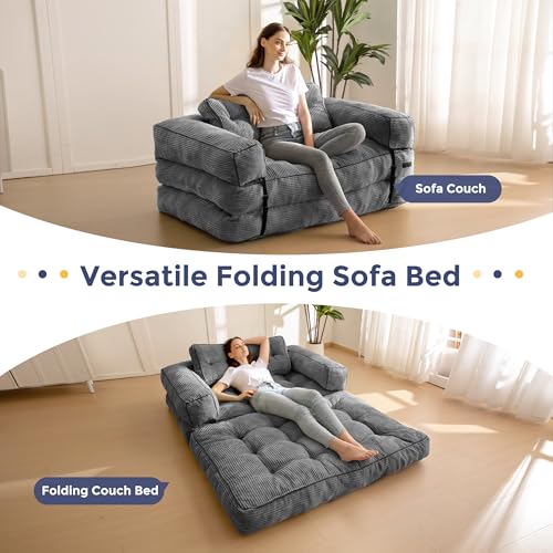 MAXYOYO Folding Sofa Bed L-Shaped Convertible Sleeper Couch with Pillow, Dark Grey X9070