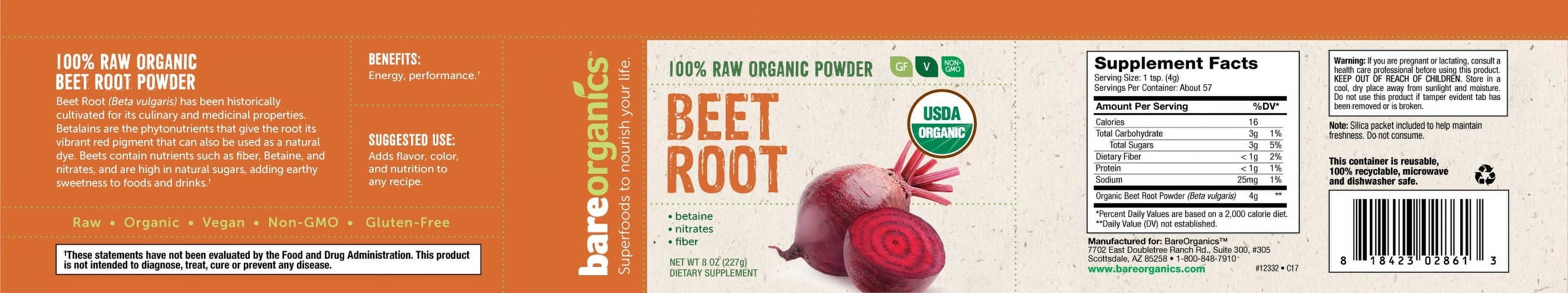 BAREORGANICS Beet Root Powder Organic 8oz M34651