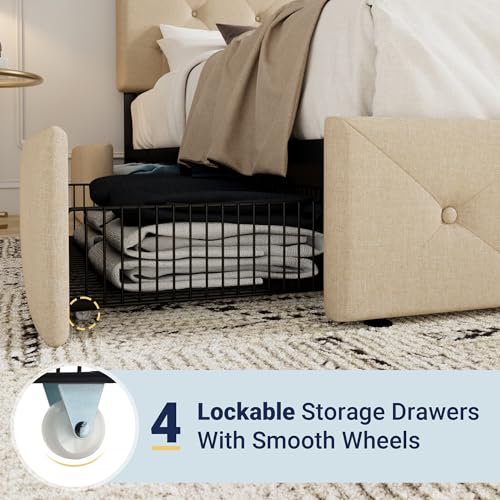 Allewie Upholstered Queen Platform Bed Frame with 4 Drawers and Headboard, Light Grey A922