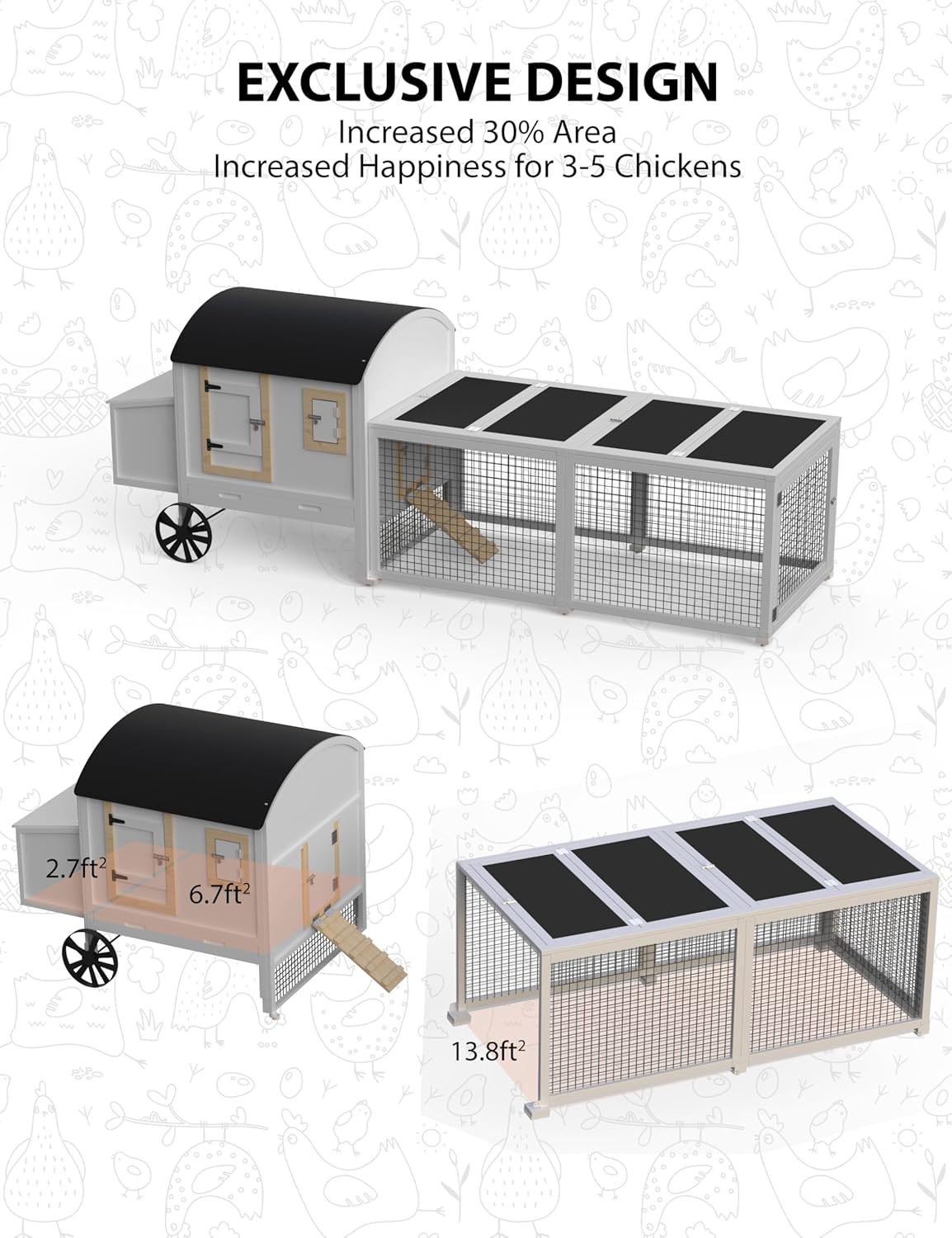 Chicken Coop for 3-5 Chickens with Run, Wooden, Waterproof Roof, White Z4459
