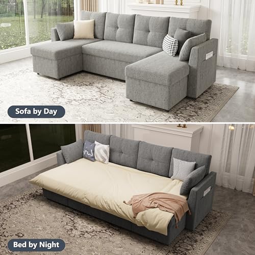 Oversized Sleeper Sofa Couch with Double Storage Chaise, Dark Grey U1381