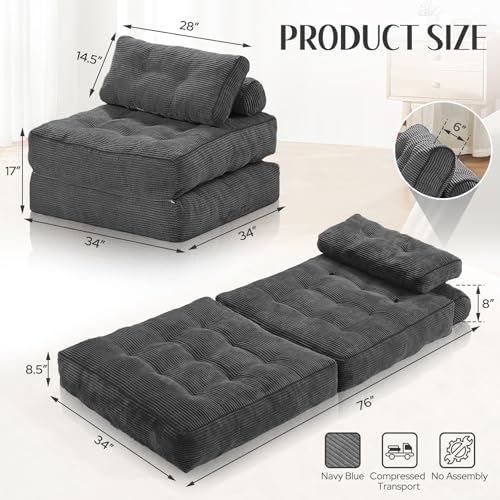 HABUTWAY Folding Sofa Bed Convertible Sleeper Chair with Dual-Pillow, Black D26880