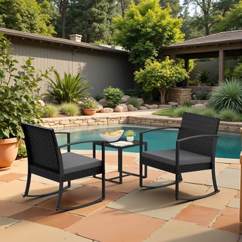 Homall 3 Piece Resin Outdoor Bistro Set with Cushions and Table, Black T139662