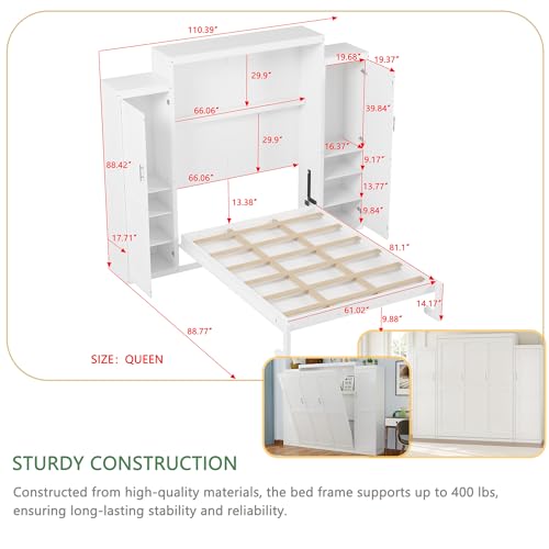 Polib Full Size Murphy Bed with Two Wardrobes and Storage Shelf, White S302797