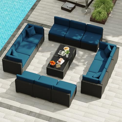 KIGOTY Patio Furniture Set 7 Pieces Outdoor Sectional Sofa with Cushions and Glass Coffee Table B60021