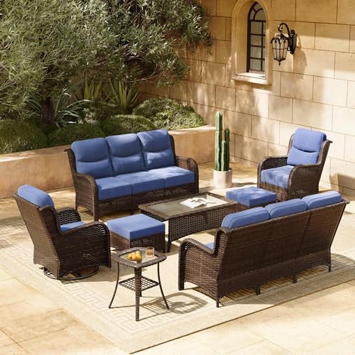 Luxury Patio Furniture Set 7PCS Wicker Conversation Set with Blue Cushions J5390