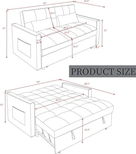 3 in 1 Sleeper Sofa Bed with Side Pocket, Black Convertible Futon Couch W34330
