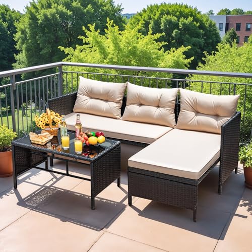 Devoko 3-Piece Rattan Outdoor Sectional Sofa with Cushion and Glass Table C42137