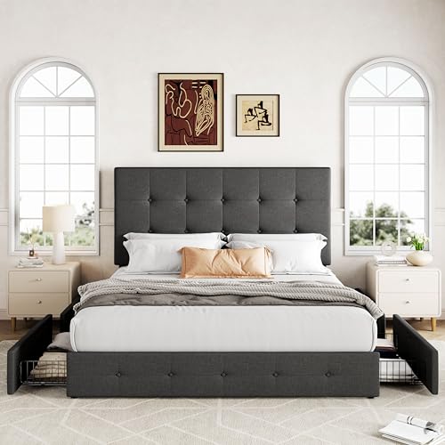 Allewie Upholstered Queen Platform Bed Frame with 4 Drawers and Headboard, Light Grey A922