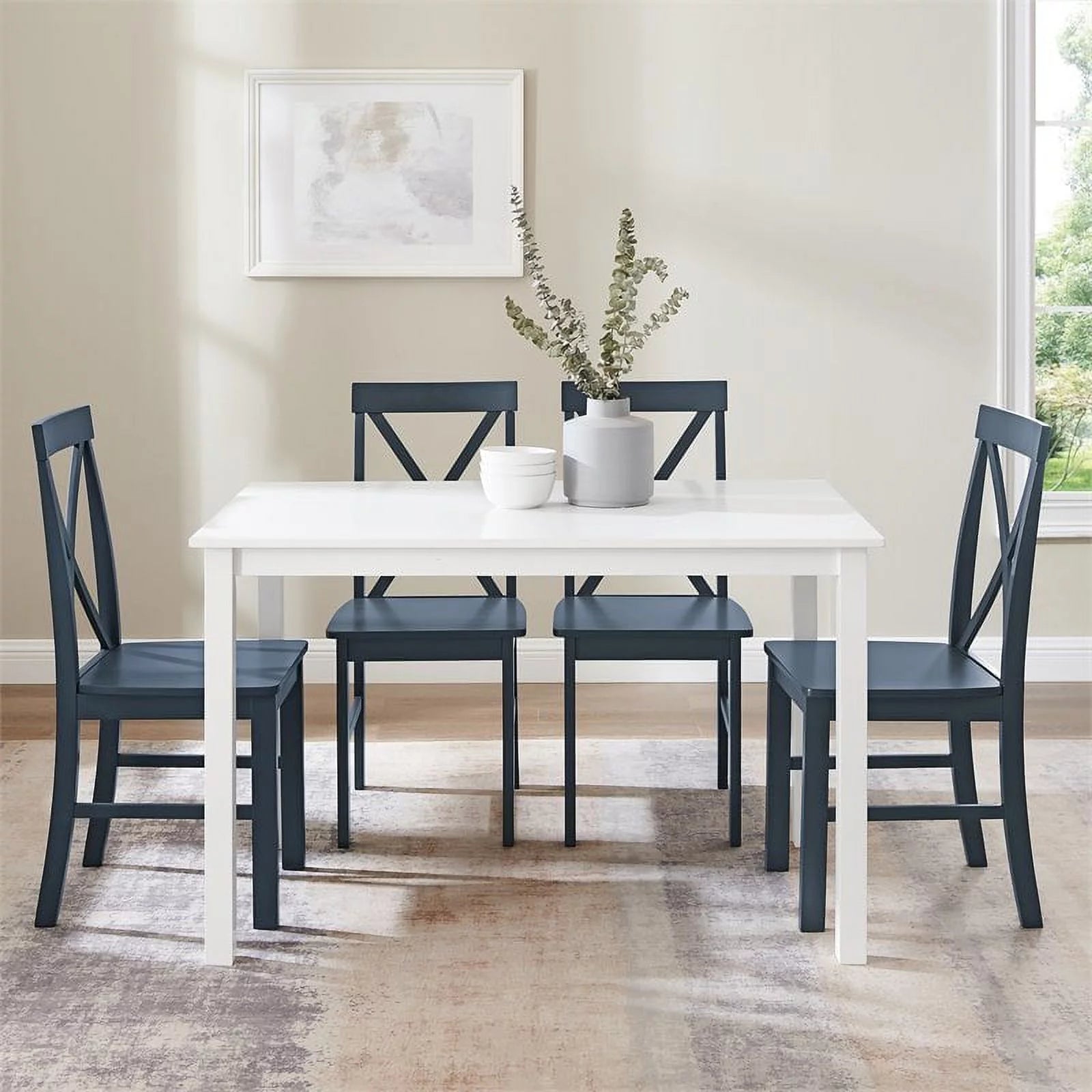 Walker Edison Greyson 5-Piece Farmhouse Dining Set, White/Navy V613