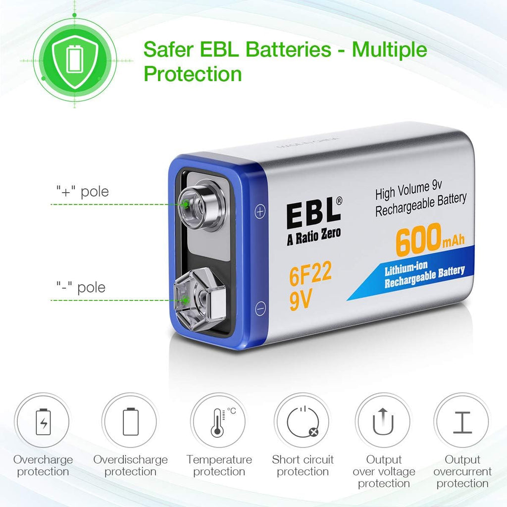 EBL 4-Pack 9V Li-ion Rechargeable Batteries with Charger H7959