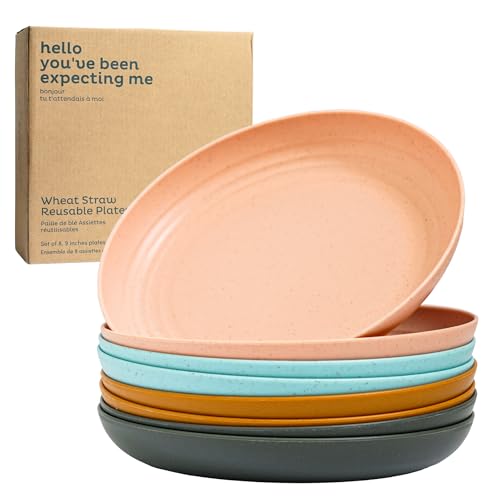 Deep Wheat Straw Plates - Dinner Plates Sets for 8, Reusable, Unbreakable Dinnerware, Microwavable, Dishwasher Safe, Alternative for Plastic Plates, Kids Plates, Kitchen Dishes Plates (Pastel 9")