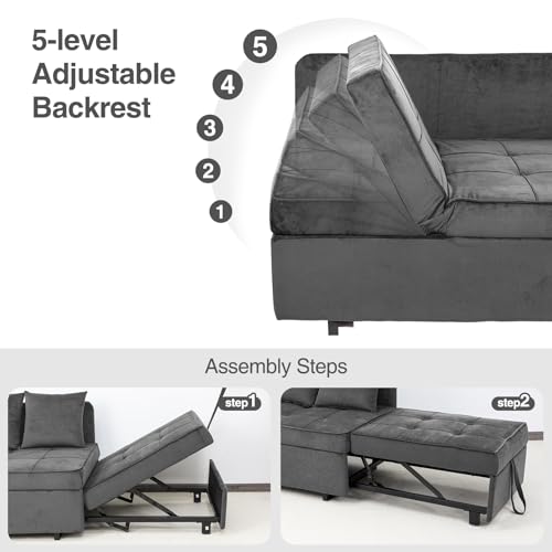 Velvet Convertible Sofa Bed Sleeper Chair with 2 Throw Pillows, Dark Grey U621331