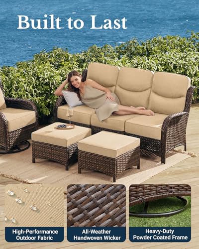 Luxury Patio Furniture Set 7PCS Wicker Conversation Set with Blue Cushions J5390