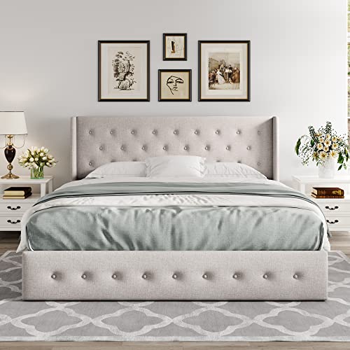 Allewie Full Size Lift Up Storage Bed with Wingback Headboard, Light Beige C85153