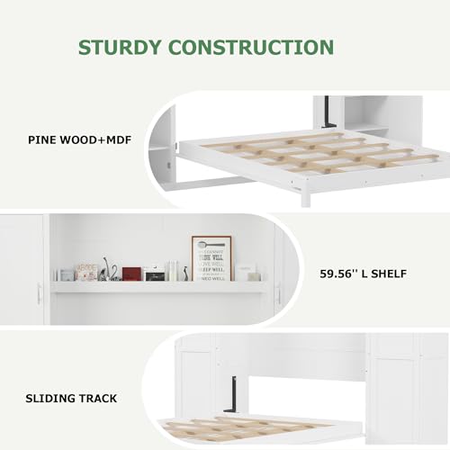 Polib Full Size Murphy Bed with Two Wardrobes and Storage Shelf, White S302797