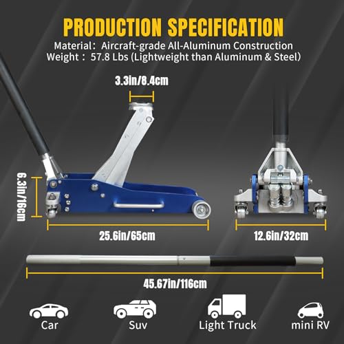 YELLOW JACKET 3 Ton Aluminum Floor Jack, 6600 lbs Capacity R359