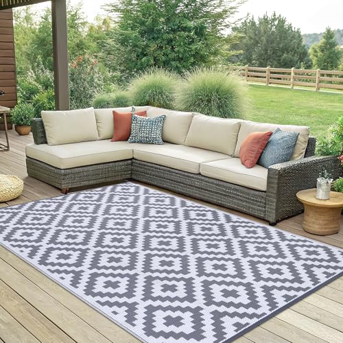Smiry Waterproof Outdoor Rug 5x8 ft, Reversible Plastic Straw Patio Mat, Black & Beige P20186