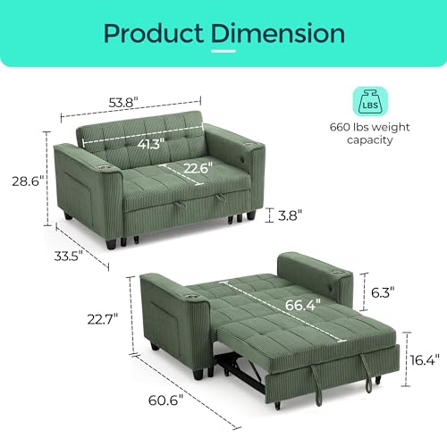 LINSY 3-in-1 Convertible Sofa Bed with Charging Station, Green E504001