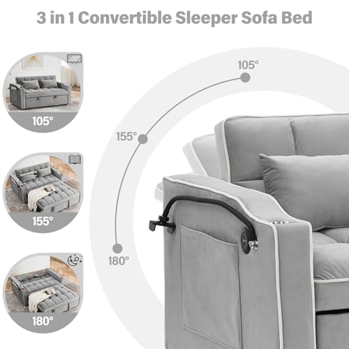 WIIS' IDEA Convertible Sofa Bed 3-in-1 Velvet Sleeper with Adjustable Backrest, Gray L188547