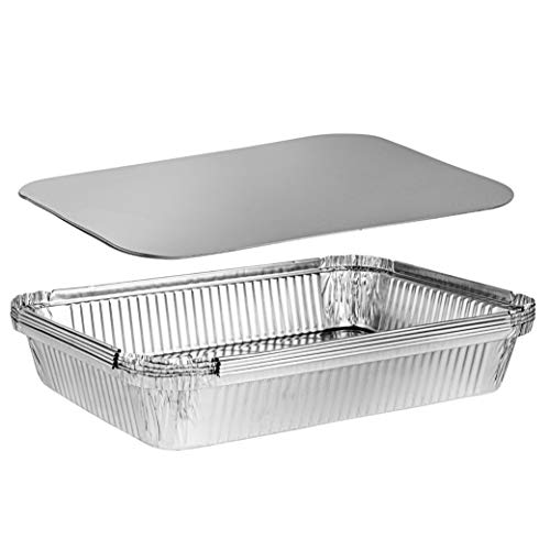 PLASTICPRO Disposable 4 LB Aluminum Takeout Tin Foil Oblong Baking Pans 12'' X 8'' X 2'' Inch With Cardboard Lids Bakeware - Cookware Perfect for Cakes, Lasagna, or Pack of 10 Pans and 10 Lids