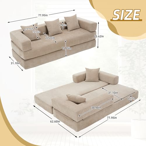 Corduroy Convertible Sleeper Sofa Bed with Pillow, Beige S401207