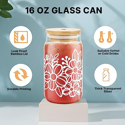 Glass Cups with Bamboo Lids and Straws, 4 Pack 16oz, Wild Flower Design K439