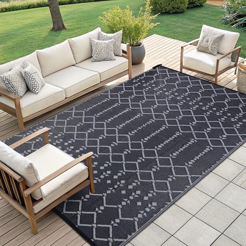 Smiry Waterproof Outdoor Rug 5x8 ft, Reversible Plastic Straw Patio Mat, Black & Beige P20186