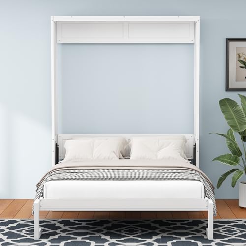 SOFTSEA Full Size Murphy Bed with Desk, Foldable Wall Bed for Guest Room, White W281