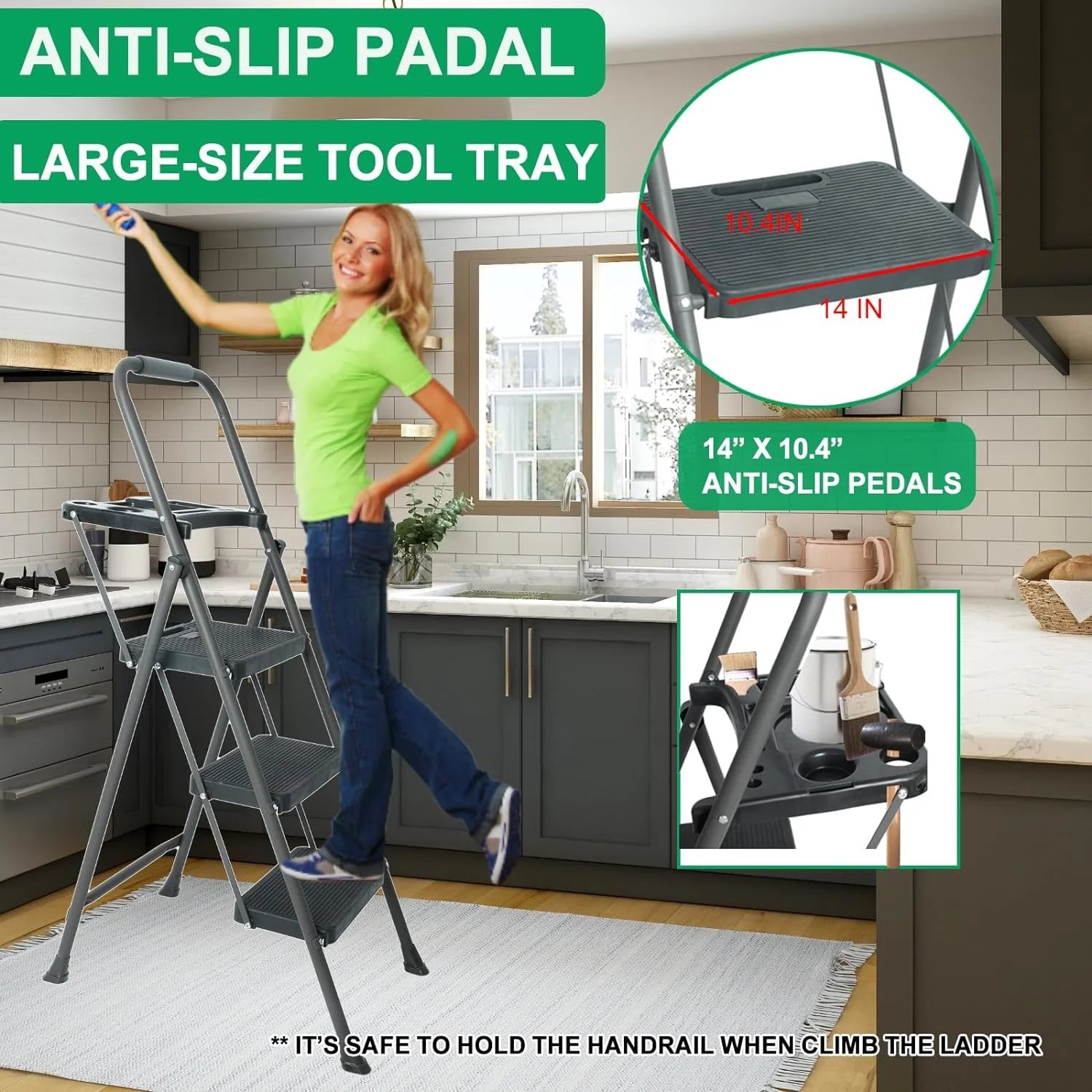 5 Step Ladder with Handrails, Folding Step Stool, 330lbs Capacity for Adults X769191