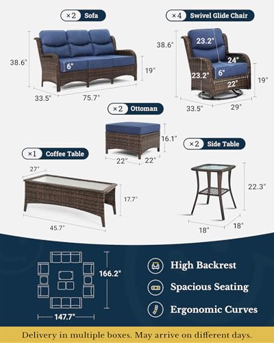Luxury Patio Furniture Set 7PCS Wicker Conversation Set with Blue Cushions J5390