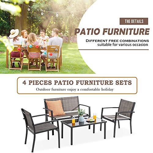 Vongrasig 4 Piece Patio Conversation Set with Glass Coffee Table, Black E428