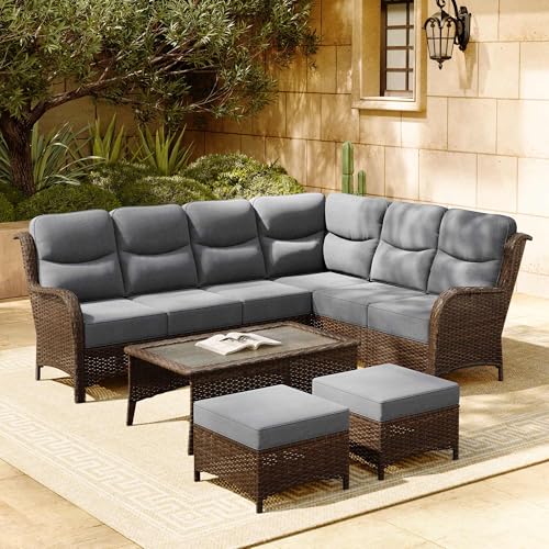 Luxury Patio Furniture Set 7PCS Wicker Conversation Set with Blue Cushions J5390