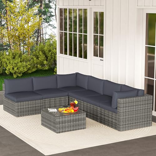 Outdoor Patio Furniture Set with Glass Tea Table, PE Rattan Wicker, Grey V687