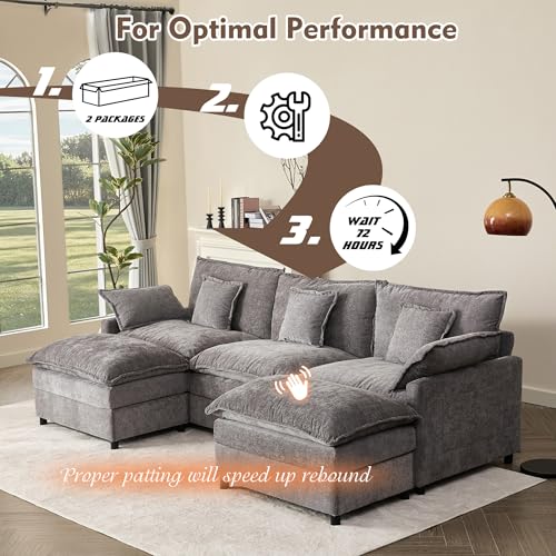 U Shaped Modular Sectional Sofa with Ottoman, Chenille, Black P2121