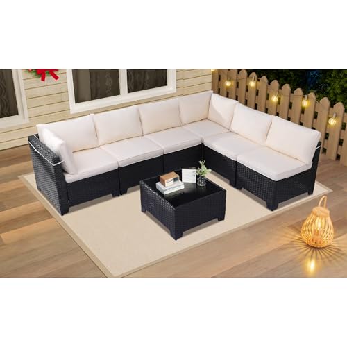 KIGOTY Patio Furniture Set 7 Pieces Outdoor Sectional Sofa with Cushions and Glass Coffee Table B60021