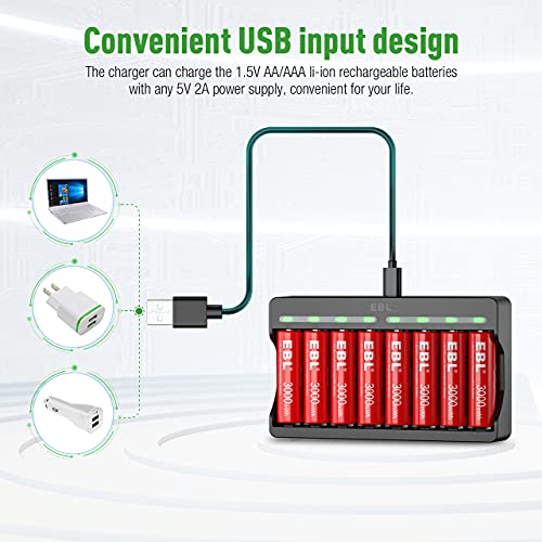 EBL 8 Pack Rechargeable Lithium AA Batteries with Charger B631