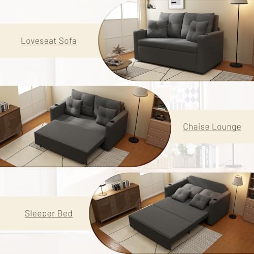 3 in 1 Pull Out Couch Convertible Sleeper Sofa Bed with Cup Holders, Grey U432