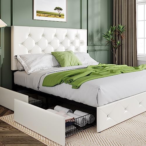 Allewie Upholstered Queen Platform Bed Frame with 4 Drawers and Headboard, Light Grey A922
