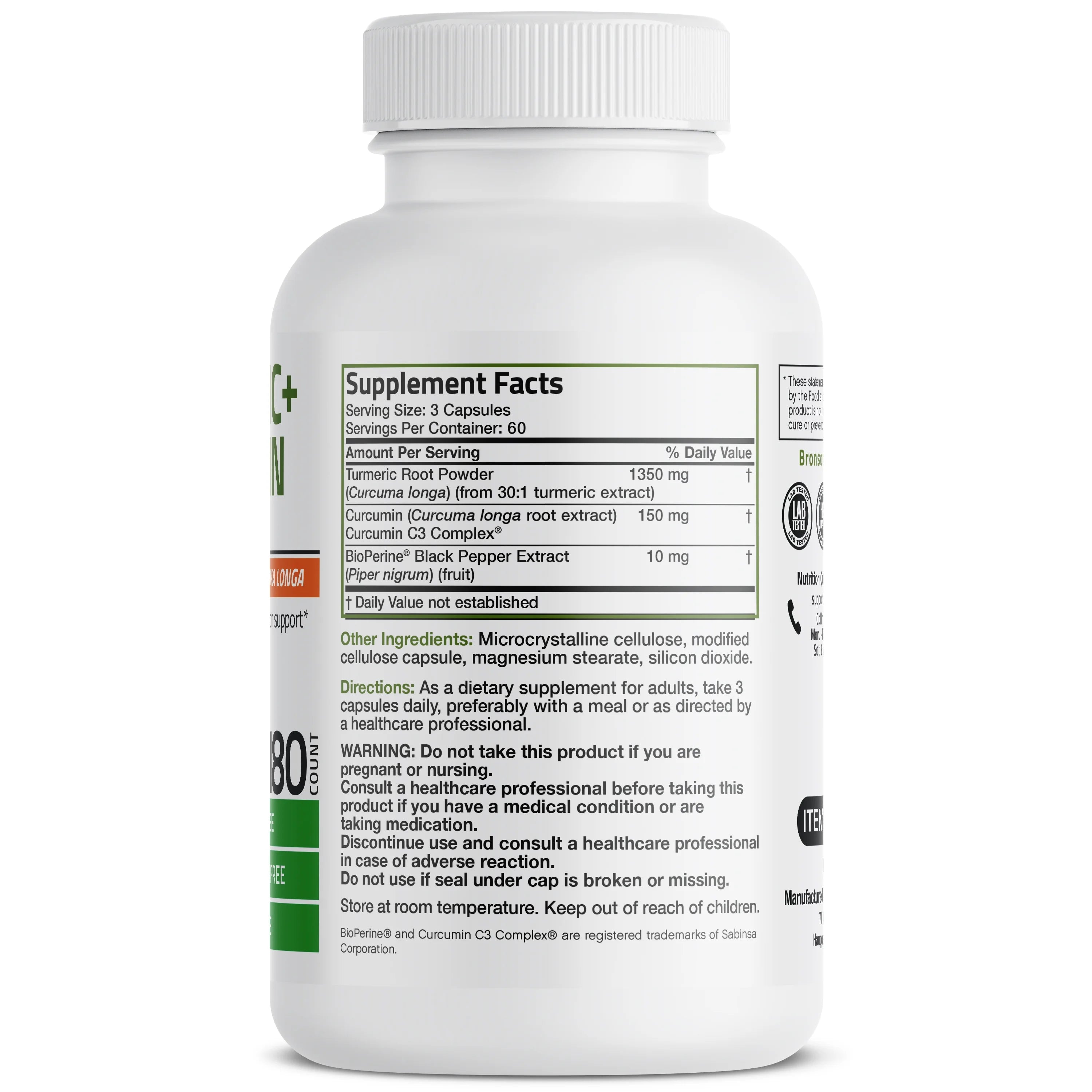 Bronson Turmeric Curcumin 1500 MG with BioPerine, 180 Vegetarian Capsules G800997