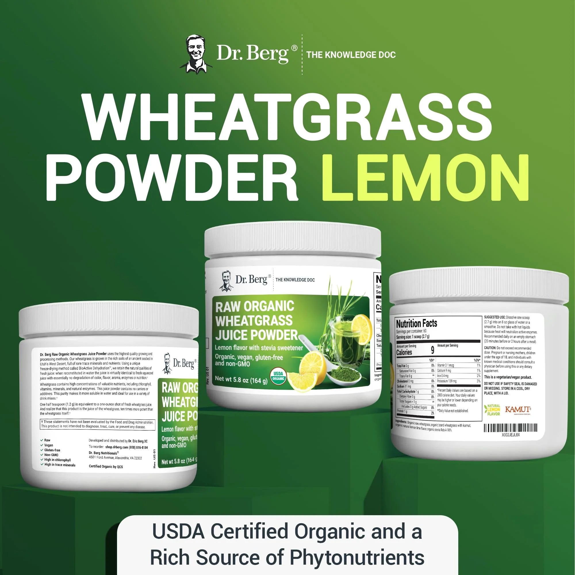 Dr. Berg Organic Wheatgrass Powder, Lemon Flavor, 164g I480