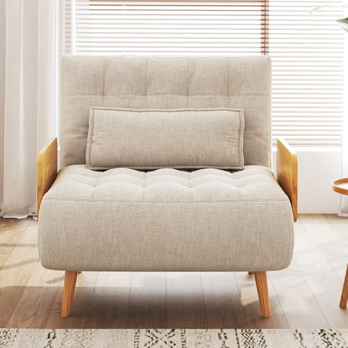 Convertible Chair Bed Sleeper for Adults with Wooden Arms, Linen G638