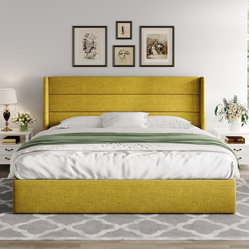 Allewie Full Size Lift Up Storage Bed with Wingback Headboard, Light Beige C85153