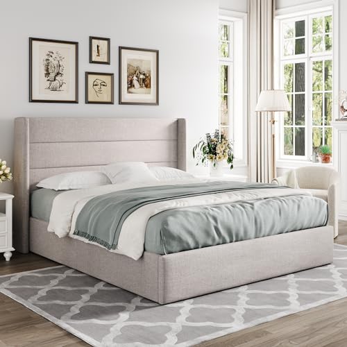Allewie Full Size Lift Up Storage Bed with Wingback Headboard, Light Beige C85153