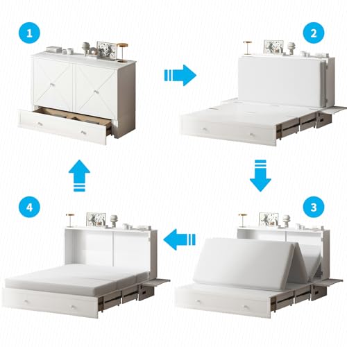 Mjkone Queen Size Murphy Bed with Tri-Folding Mattress and Charging Station N4725