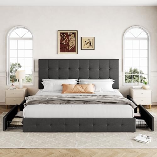 Allewie Upholstered Queen Platform Bed Frame with 4 Drawers and Headboard, Light Grey A922
